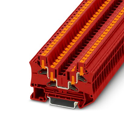 Phoenix Contact Multi-Conductor Terminal Block; PTV 4-QUATTRO RD ; 30A; 600V; 1-Level; #24 - #10; Push-In - Horizontal Entry Connection; Red